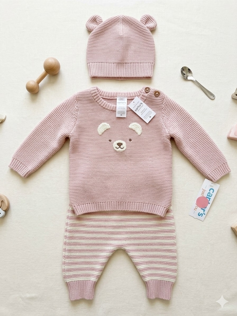 Carter's Baby Pink Knit Bear Sweater & Pant Set, NB, NWT